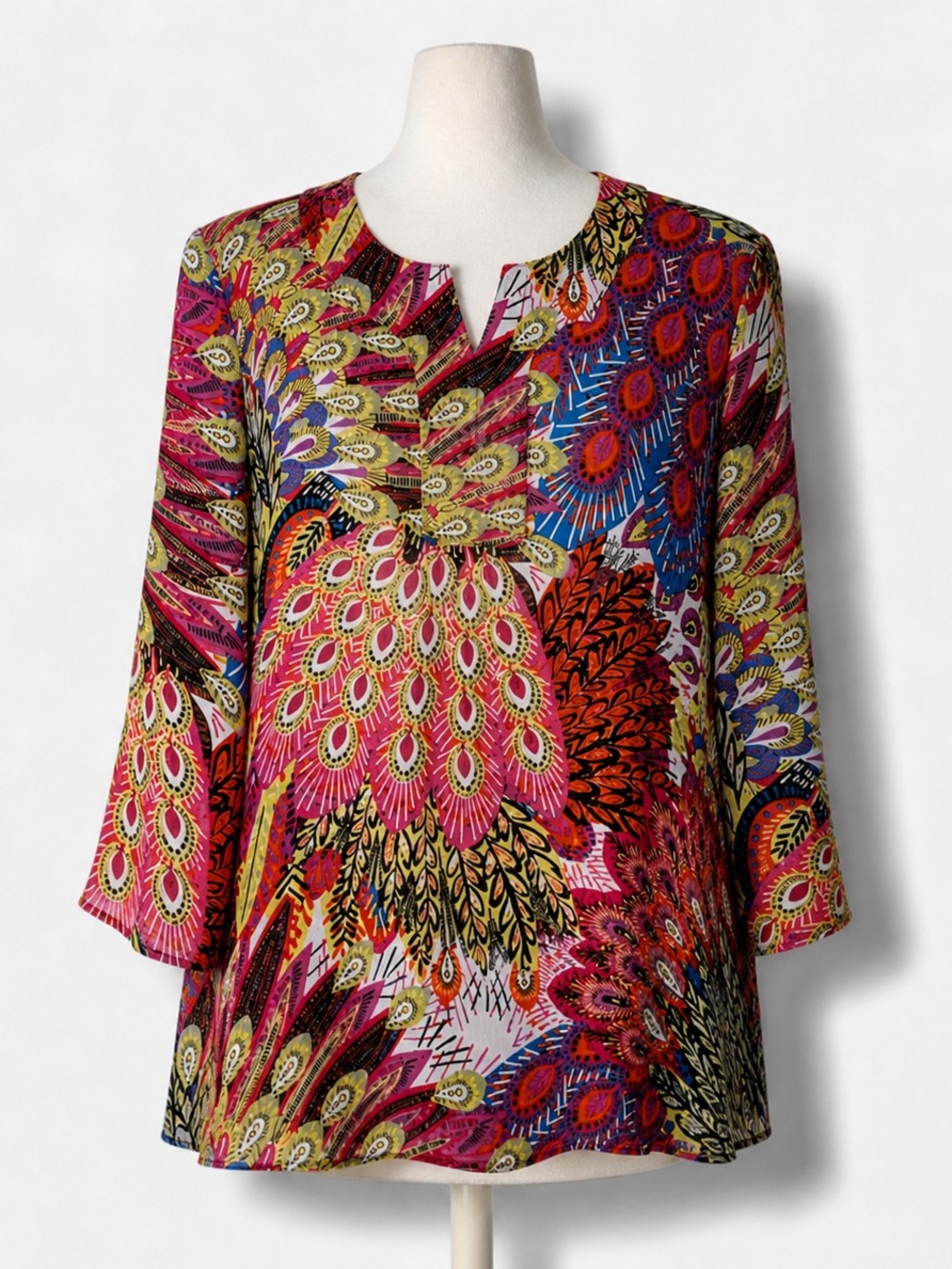 Chicos Additions Blouse Sz Medium (1) Semi Sheer Colorful Peacock Feather Artsy